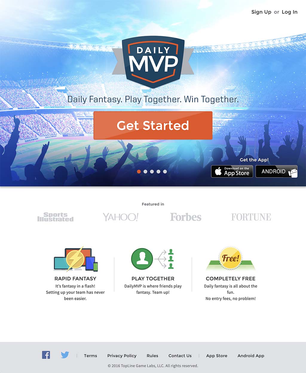 DailyMVP web application circa 2016 — the live lineup-builder showing real-time daily fantasy sports contests, athlete cards with current-day stats, and the head-to-head 1v1 matchup formats (QBSnap, Blitz, FullHuddle) across the NFL, NBA, MLB, NHL, and Liga MX.