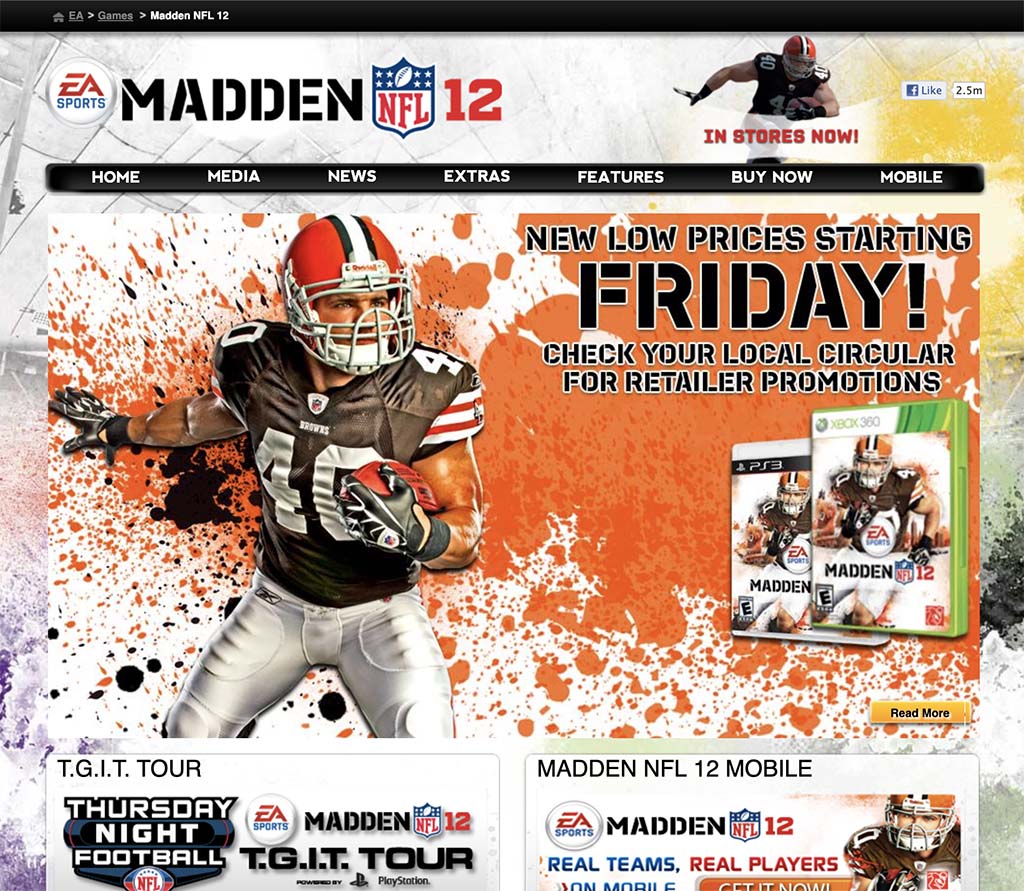 EA game microsite built on the Exodus Template System circa 2011 — fully custom visual identity and layout configured entirely via JavaScript schema and CSS, with no HTML modification to the underlying Digital River template.
