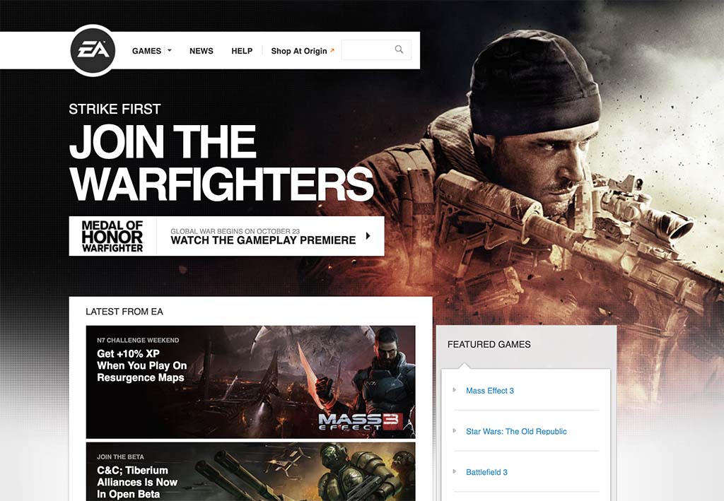 ea.com homepage circa 2011 — the full website redesign INNOV8 architected and built for Electronic Arts, featuring the custom OOP component library and styleguide across ea.com's entire web presence.