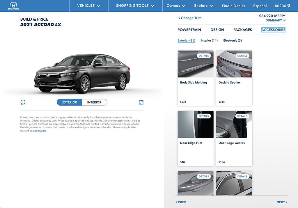 Honda Build & Price configurator at automobiles.honda.com circa 2020 — the rebuilt TypeScript + React + MobX configurator showing the five-step selection flow, vehicle canvas, color swatch picker, right-rail pricing summary, and options panel.