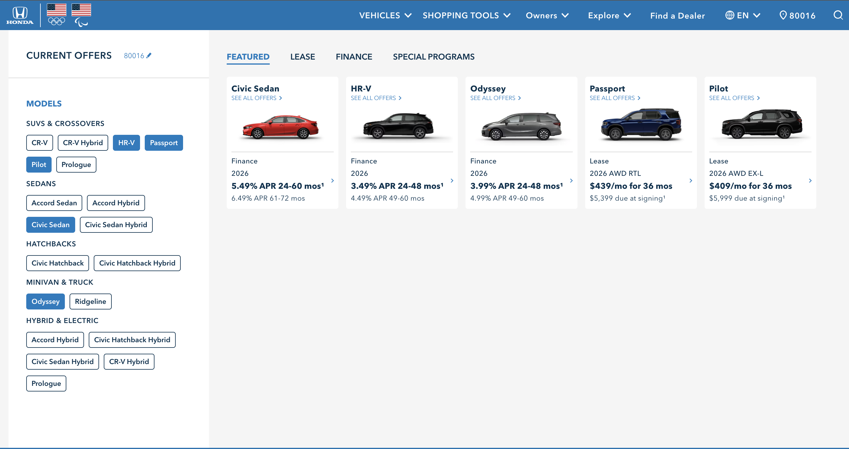 Honda Current Offers at automobiles.honda.com — the financial incentives surface showing active lease, finance, and special-program offers filterable by model and purchase type, with the same data-driven filter engine architecture as Search Inventory.