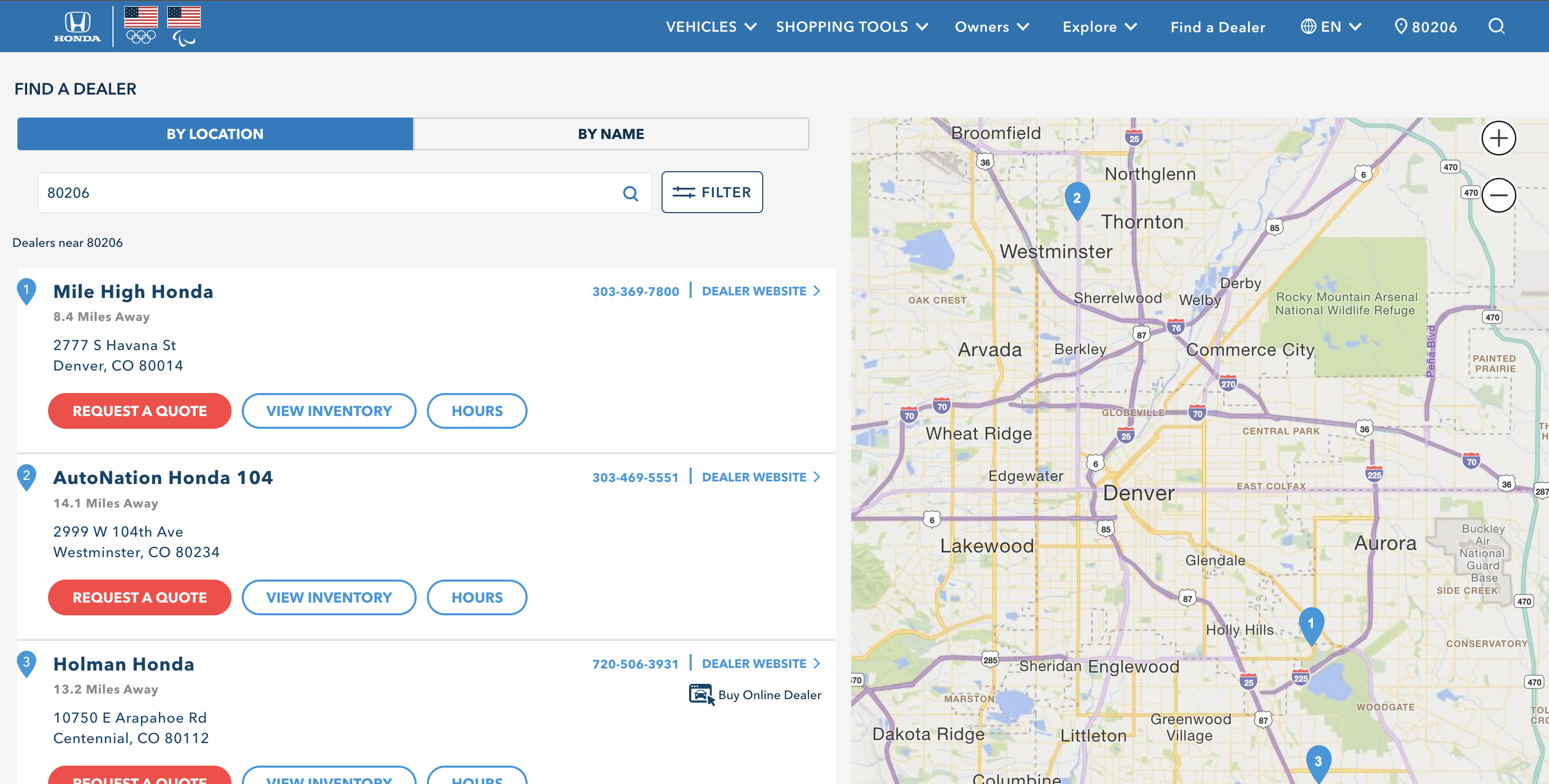 Honda Dealer Locator at automobiles.honda.com — geographic search surface showing dealer results within a given radius, dealer detail panel with hours and services, and map view built on the Adapter + Facade pattern that survived a mid-engagement vendor swap from Google Maps to Bing Maps.