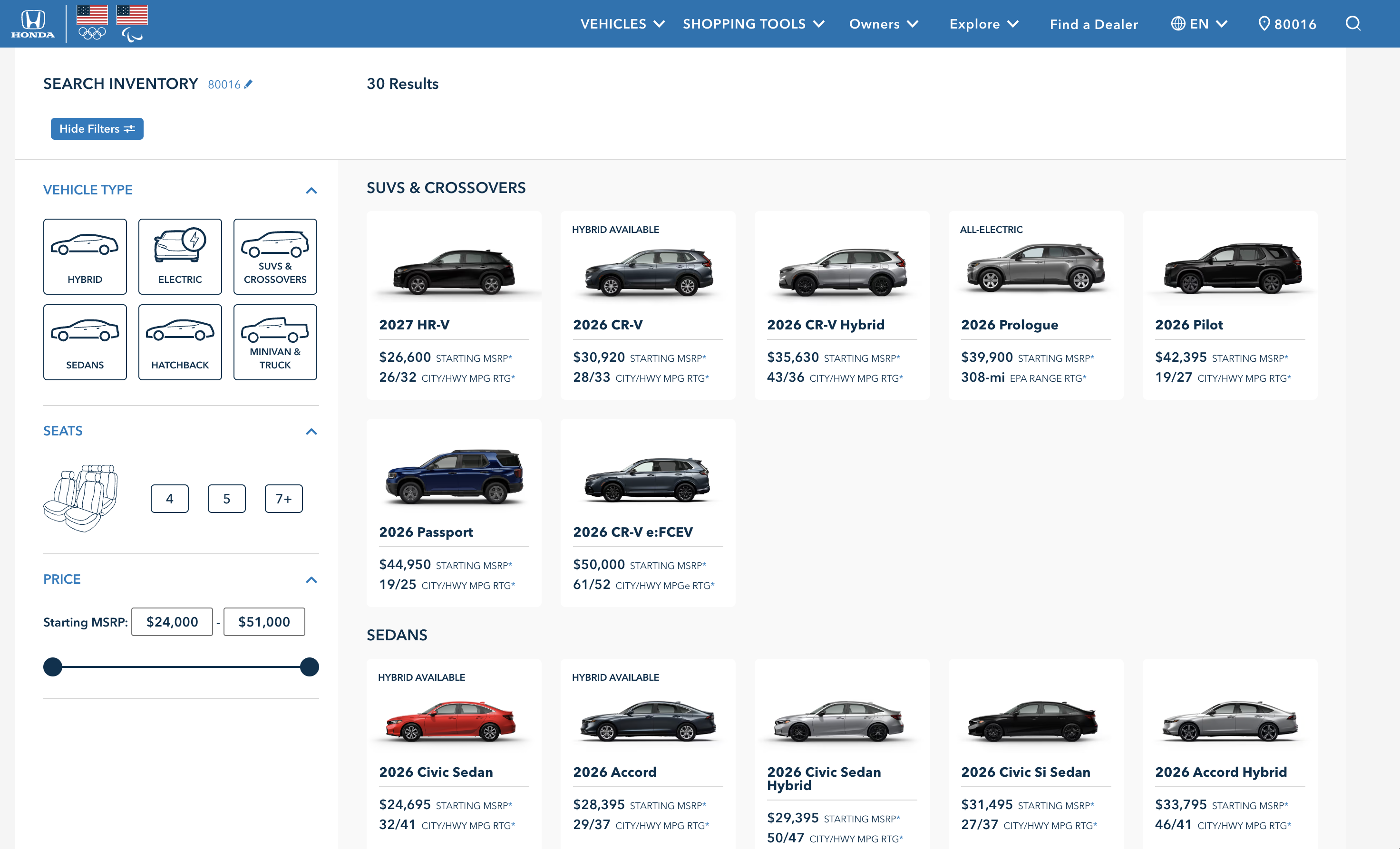 Honda Search Inventory tool at automobiles.honda.com — the data-driven filter UI showing model, price, color, and drivetrain filters with animated vehicle card transitions as the active filter selection updates the result set.