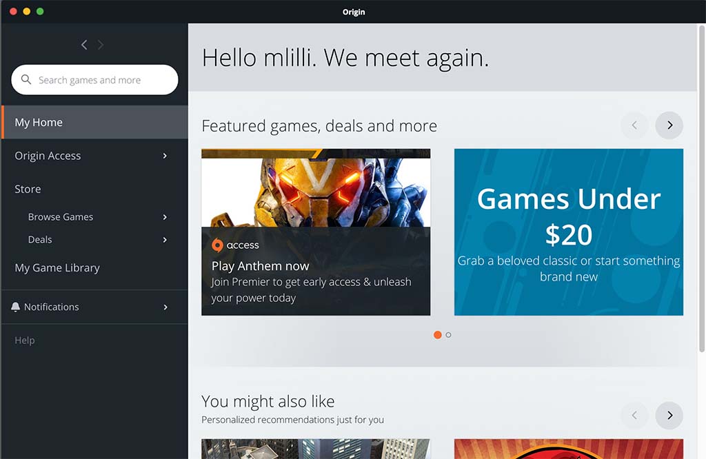 Origin desktop client circa 2013 — EA's Steam competitor. INNOV8 built the entire HTML5 UI layer inside a native C++ shell with an embedded Chromium webview, including every screen, every component, and the bidirectional C++ to JavaScript event bridge.