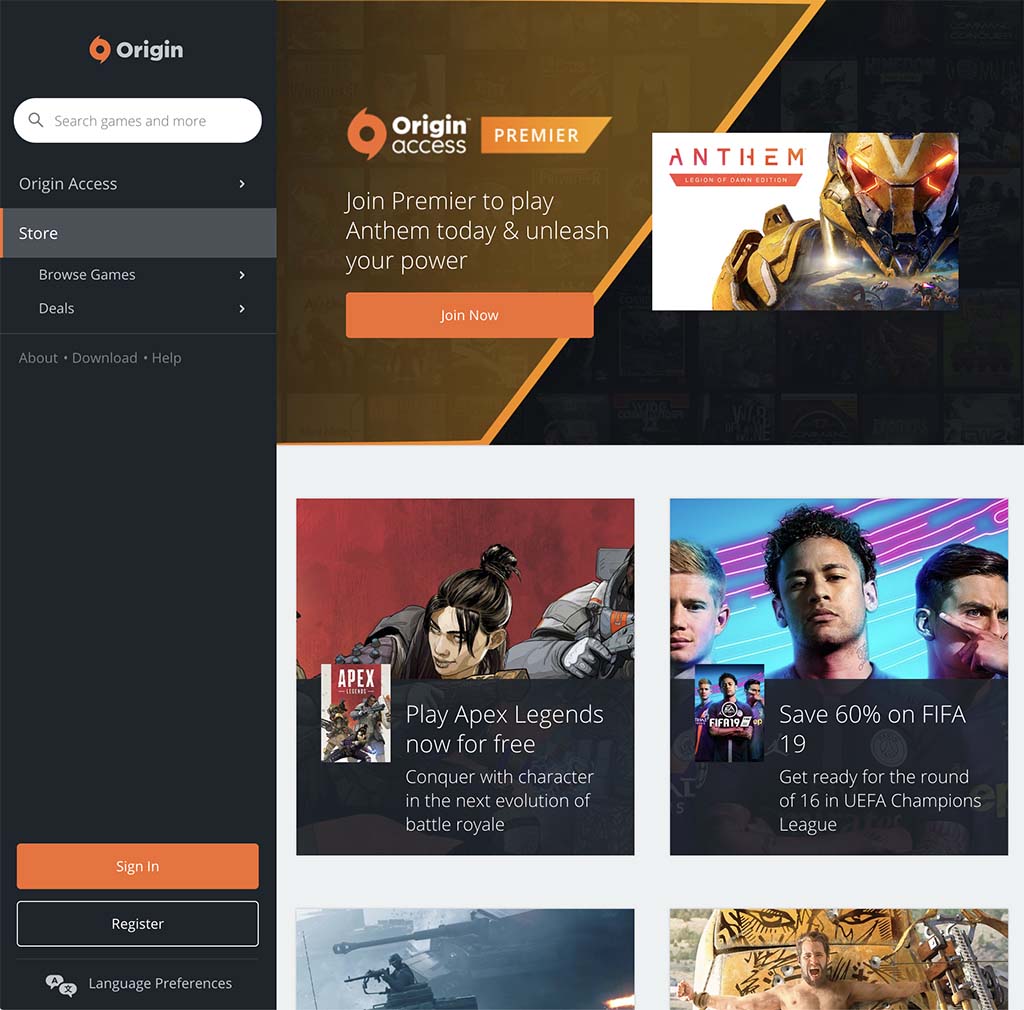 origin.com circa 2012 — EA's digital distribution platform frontend, designed by Odopod and built by INNOV8 on a C++ server-side stack with a Chromium webview presentation layer.