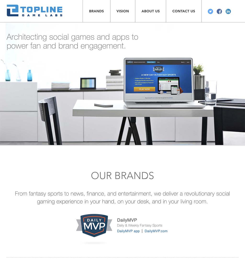 TopLine Game Labs corporate marketing website — the company brand surface built by the same founding-team frontend org alongside DailyMVP and FanNation.