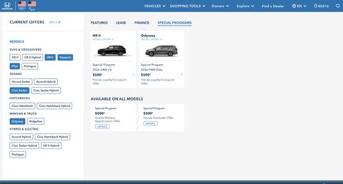 Honda Automobiles Shopping Tools — Web screenshot