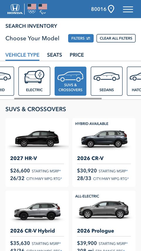 Honda Automobiles Shopping Tools — Mobile Web screenshot