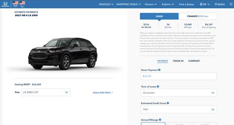 Honda Automobiles Shopping Tools — Web screenshot