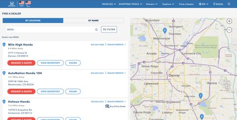 Honda Automobiles Shopping Tools — Web screenshot