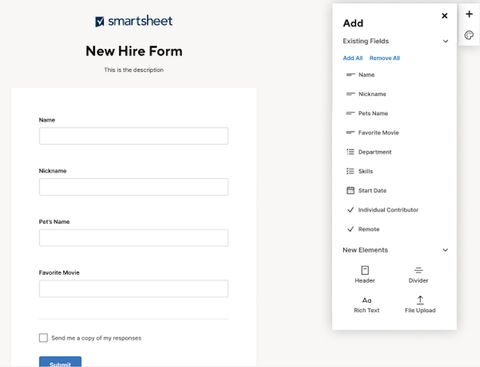 SmartSheet Form Builder Redesign — Web screenshot