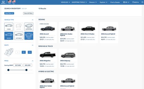 Honda Automobiles Shopping Tools — Web screenshot