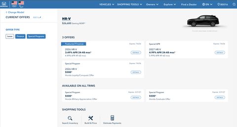 Honda Automobiles Shopping Tools — Web screenshot