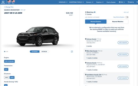 Honda Automobiles Shopping Tools — Web screenshot