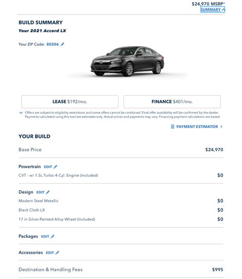Honda Automobiles Shopping Tools — Tablet Web screenshot