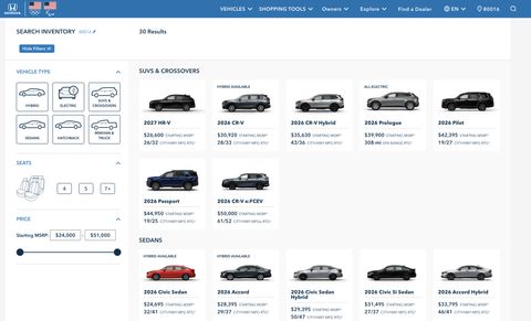Honda Automobiles Shopping Tools — Web screenshot