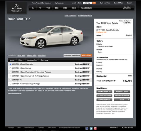 Acura Build & Price — Web screenshot