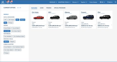 Honda Automobiles Shopping Tools — Web screenshot