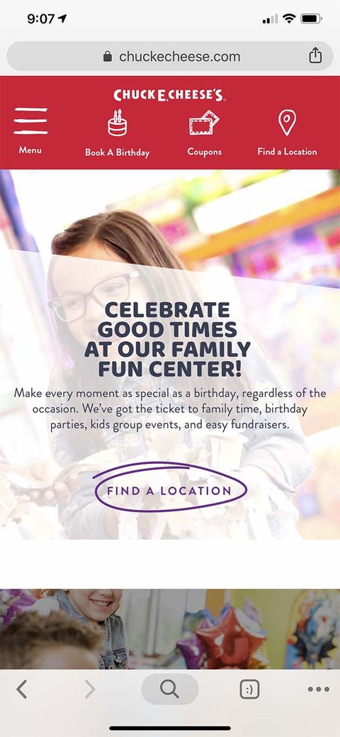 Chuck E Cheese’s Website Redesign — Mobile Web screenshot